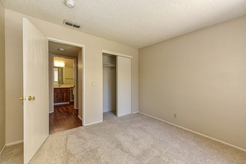 Empty Bedroom with Carpet, Open Bathroom Door, and Closet
